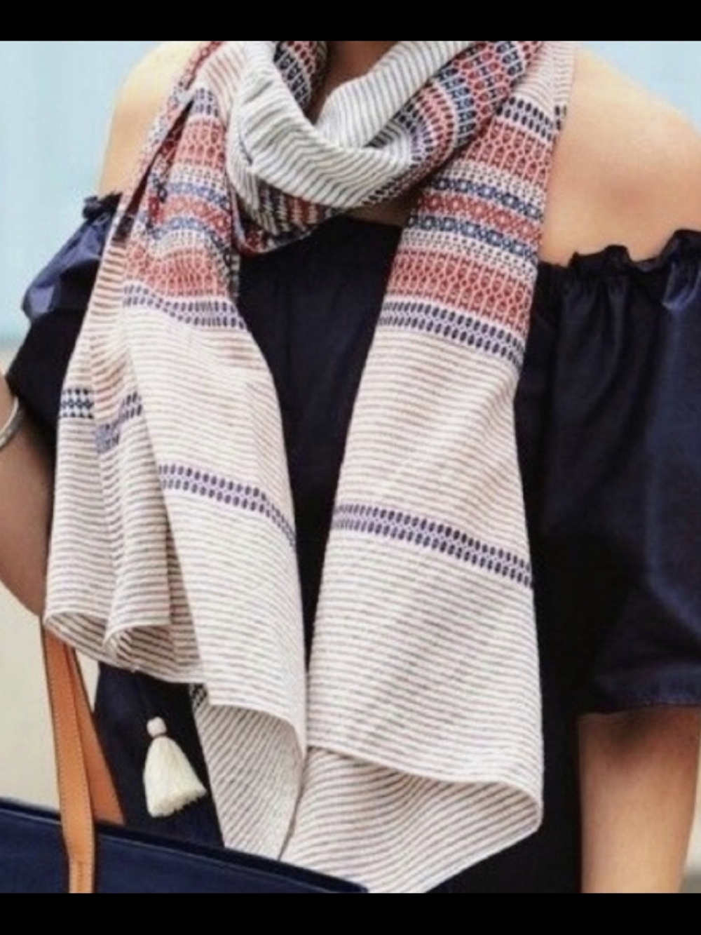 Stella & Dot Cream Scarf with Coral and Navy Stripes